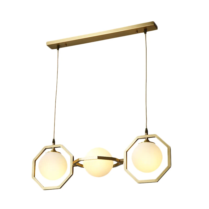 Wit matglazen Orb Island-lichtarmatuur modernistische 3-lichts plafondhanglamp met gouden achthoekig frame Clearhalo