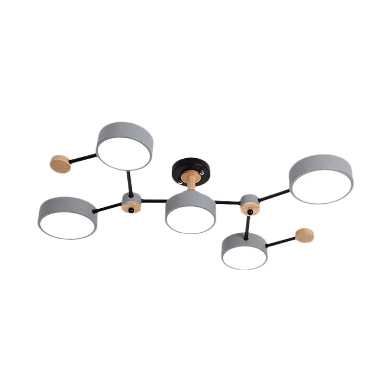 Wit/grijze plafondlamp met ronde kap, Scandinavisch, 5 lampen, ijzer, semi-inbouwarmatuur met wijnstokontwerp Clearhalo