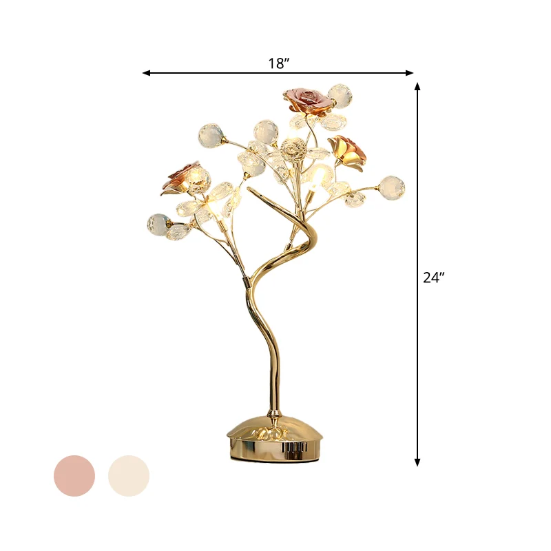 Wit/roze bloementafelverlichting Pastorale stijl Kristallen 3-kops lounge-nachtlamp met keramisch accent Clearhalo