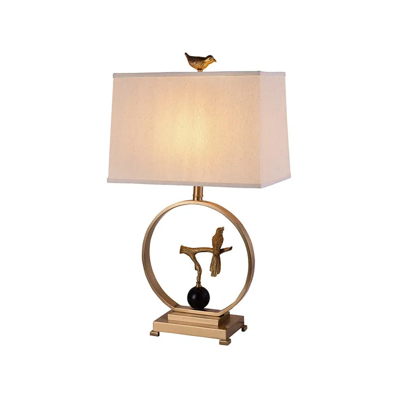 Witte 1-lichts tafellamp, vintage stoffen rechthoekige tafellamp met gouden vogelmotief Clearhalo