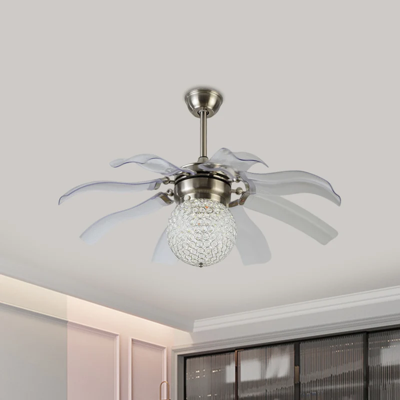 Witte bol semi-flush moderne heldere kristallen bollen ingebedde salon LED hangende ventilatorlamp met 8 bladen, 42 "breed...