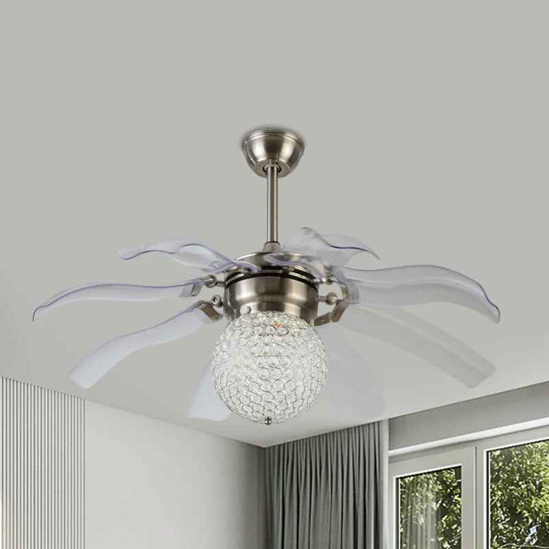 Witte bol semi-flush moderne heldere kristallen bollen ingebedde salon LED hangende ventilatorlamp met 8 bladen, 42 "breed...