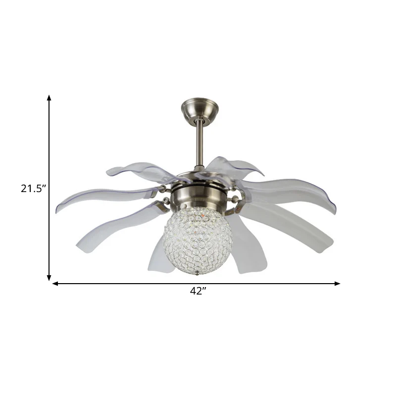Witte bol semi-flush moderne heldere kristallen bollen ingebedde salon LED hangende ventilatorlamp met 8 bladen, 42 "breed...