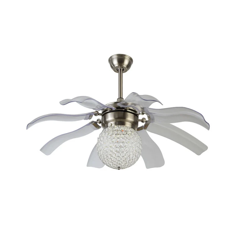 Witte bol semi-flush moderne heldere kristallen bollen ingebedde salon LED hangende ventilatorlamp met 8 bladen, 42 "breed...