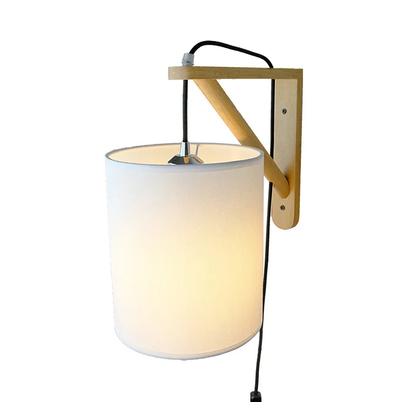 Witte cilindrische stoffen wandlamp Sconce Japanse stijl 1-lamps houten plug- wandmontagelamp Clearhalo