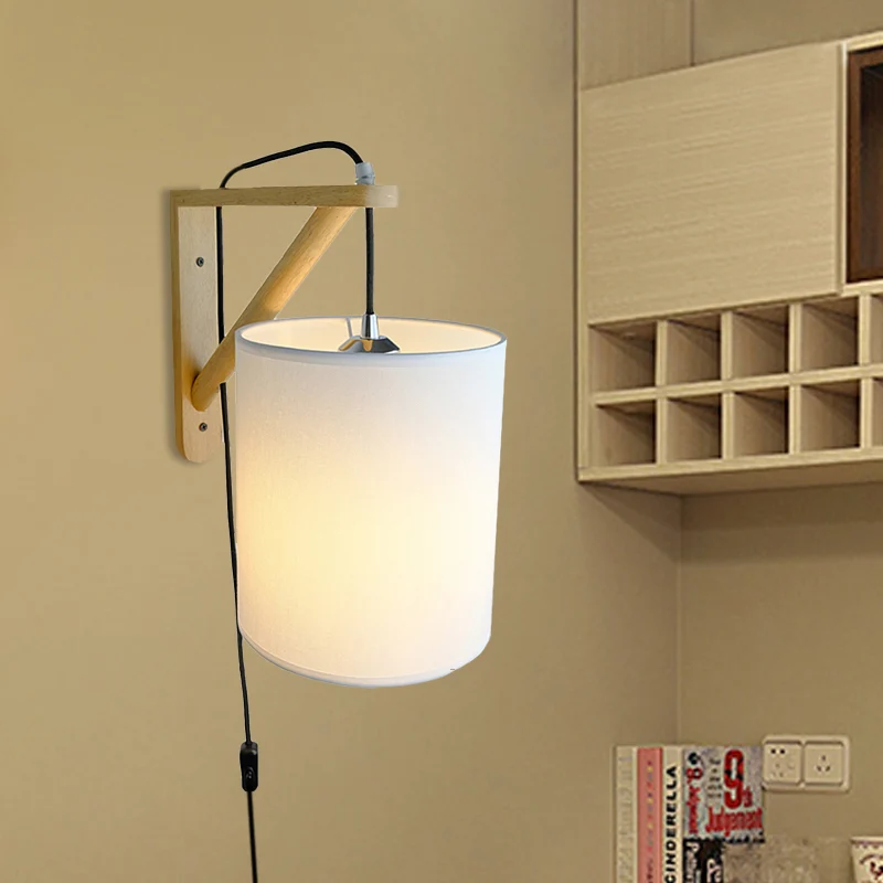 Witte cilindrische stoffen wandlamp Sconce Japanse stijl 1-lamps houten plug- wandmontagelamp Clearhalo