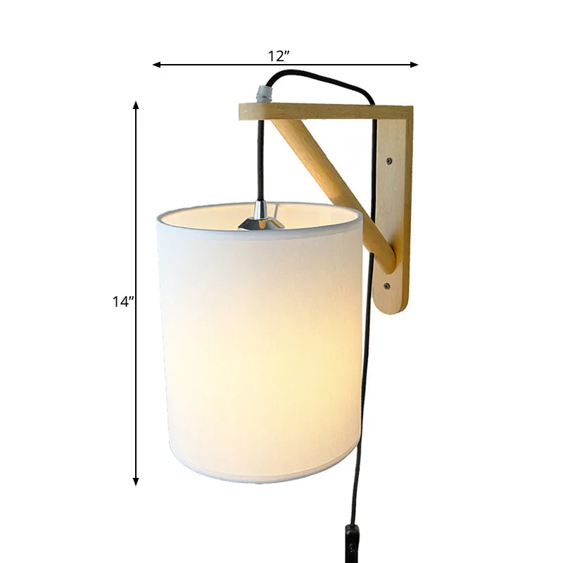 Witte cilindrische stoffen wandlamp Sconce Japanse stijl 1-lamps houten plug- wandmontagelamp Clearhalo