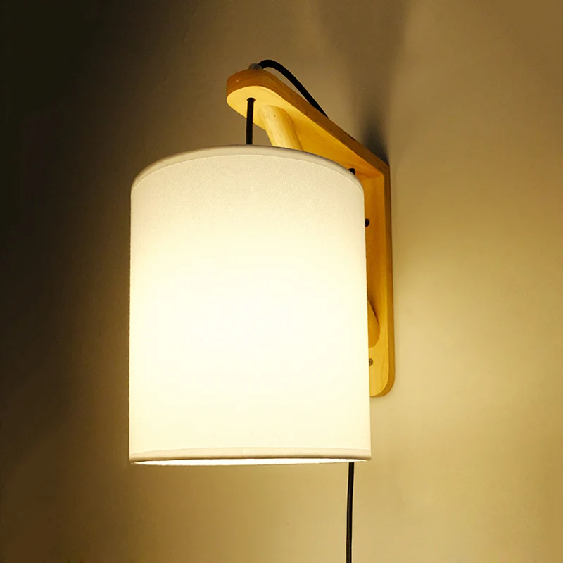Witte cilindrische stoffen wandlamp Sconce Japanse stijl 1-lamps houten plug- wandmontagelamp Clearhalo