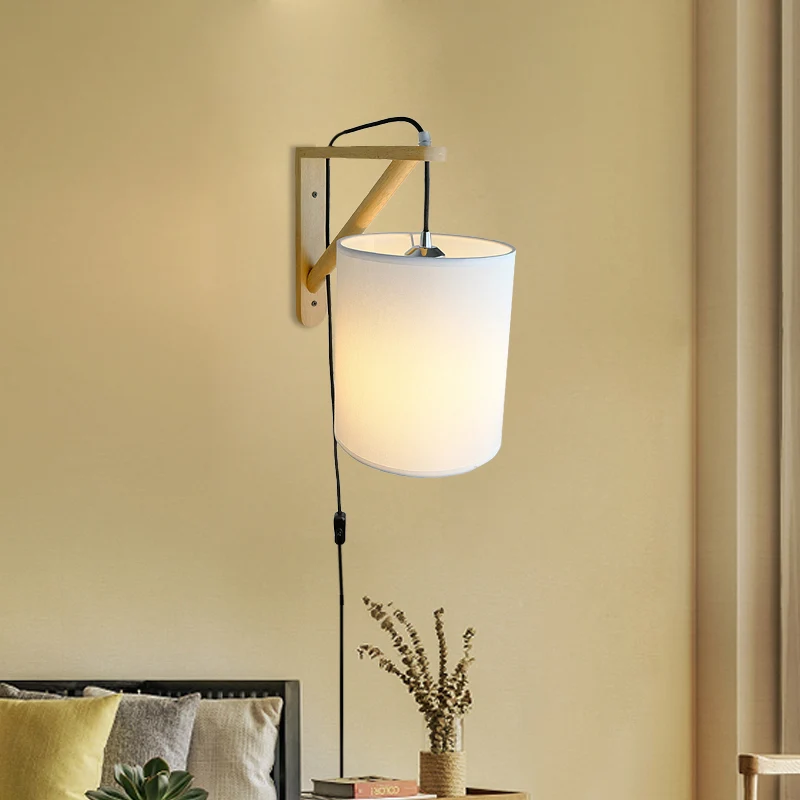 Witte cilindrische stoffen wandlamp Sconce Japanse stijl 1-lamps houten plug- wandmontagelamp Clearhalo