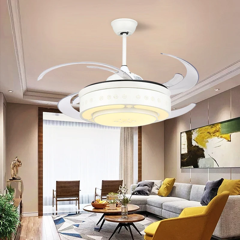Witte cirkel hangende ventilatorlamp modernistische metalen woonkamer 48 inch brede LED semi-inbouw plafondlamp met 8 blad...
