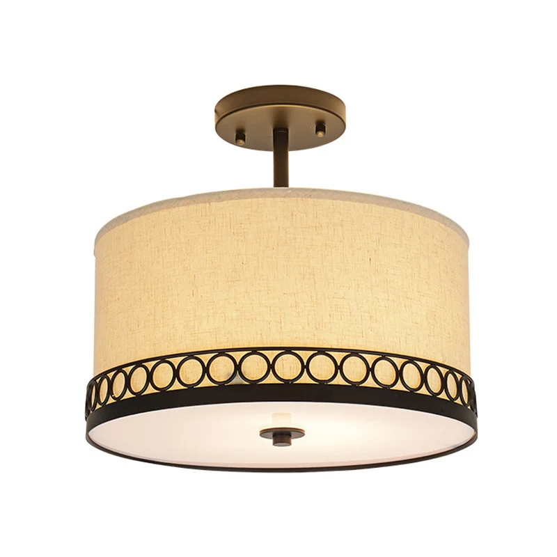 Witte Drum Semi Mount Verlichting Traditionele Stof 5 Lichten Woonkamer Plafondlamp Clearhalo