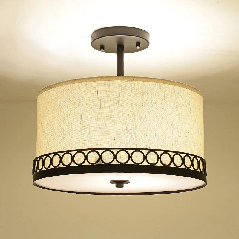 Witte Drum Semi Mount Verlichting Traditionele Stof 5 Lichten Woonkamer Plafondlamp Clearhalo