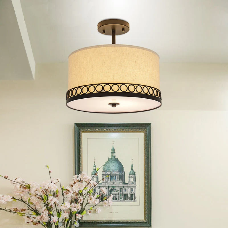 Witte Drum Semi Mount Verlichting Traditionele Stof 5 Lichten Woonkamer Plafondlamp Clearhalo