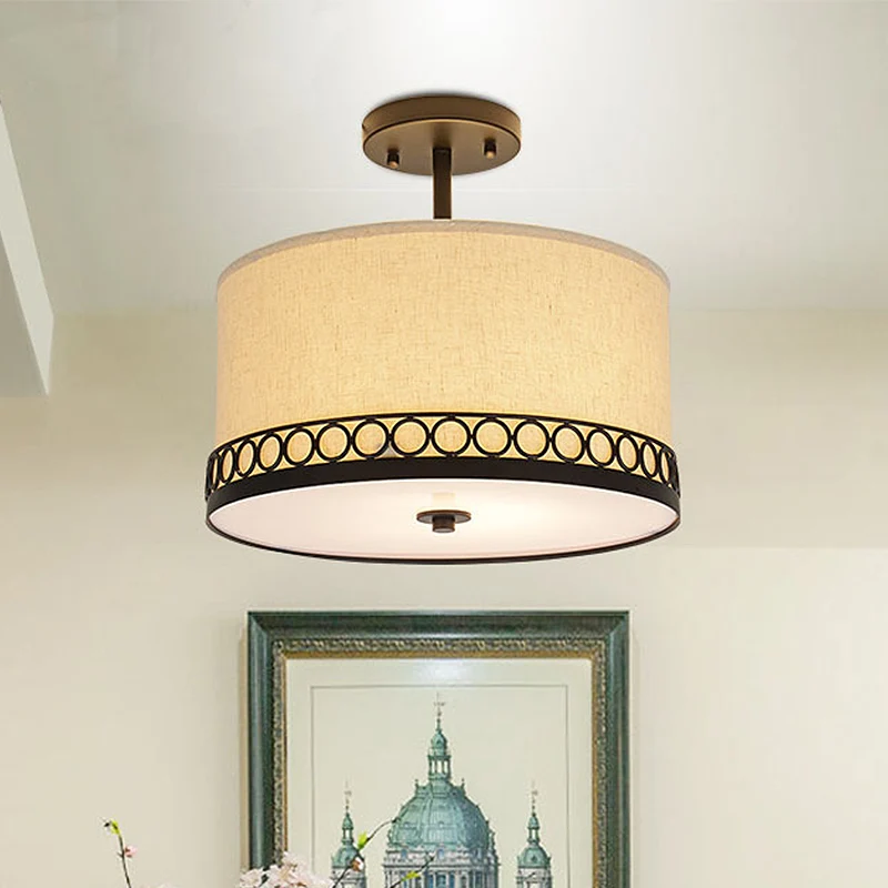Witte Drum Semi Mount Verlichting Traditionele Stof 5 Lichten Woonkamer Plafondlamp Clearhalo
