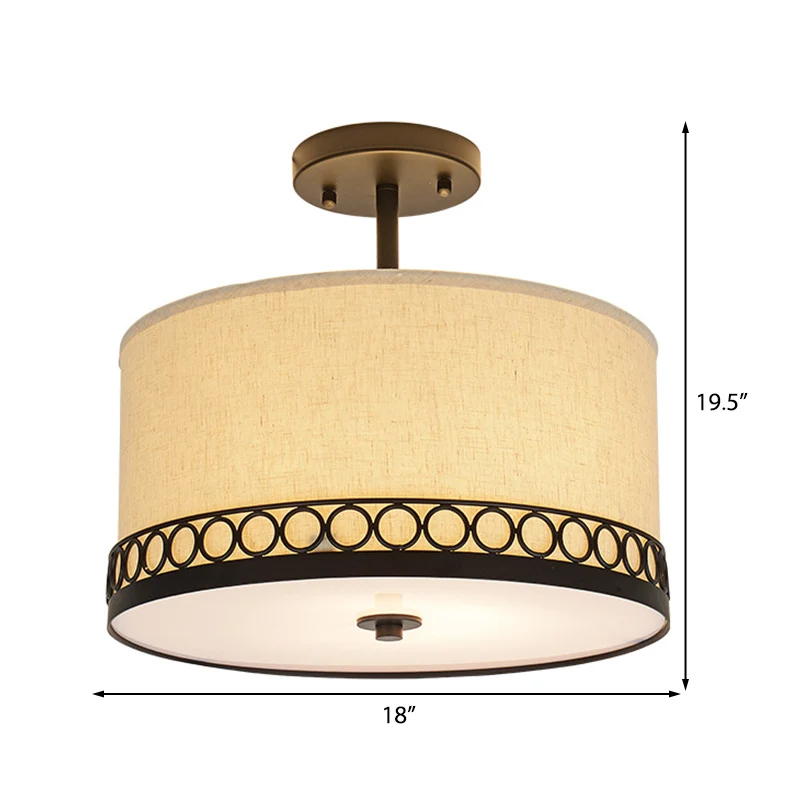 Witte Drum Semi Mount Verlichting Traditionele Stof 5 Lichten Woonkamer Plafondlamp Clearhalo