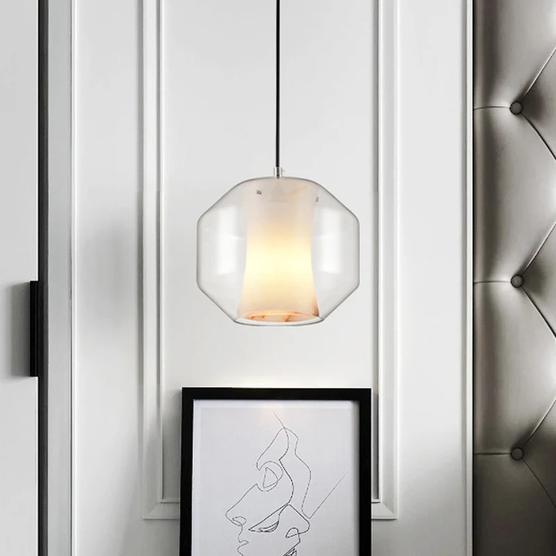 Witte gebogen hanglamp Moderne enkele faux marmeren plafondhanglamp met buitenste cilinder/lantaarn helder glazen kap Clea...