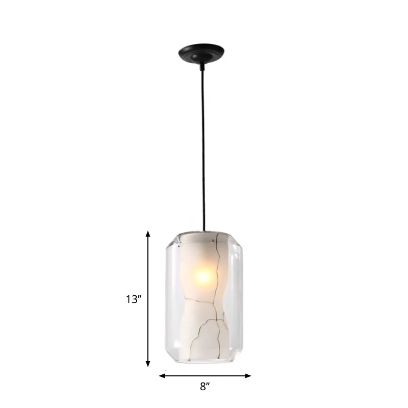 Witte gebogen hanglamp Moderne enkele faux marmeren plafondhanglamp met buitenste cilinder/lantaarn helder glazen kap Clea...