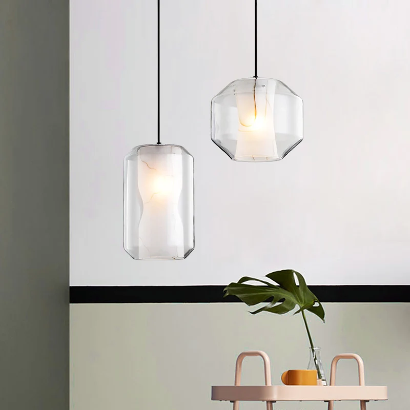 Witte gebogen hanglamp Moderne enkele faux marmeren plafondhanglamp met buitenste cilinder/lantaarn helder glazen kap Clea...
