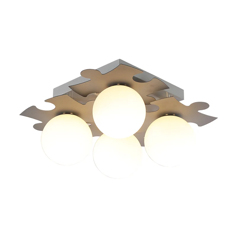Witte glazen bol, semi-inbouw modernistisch inbouwlicht met 4 lampen en puzzeldecor grijs/groen Clearhalo