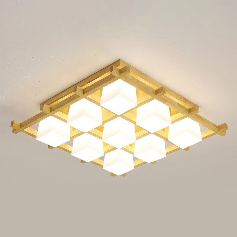 Witte glazen kubus plafondinbouwlamp Moderne stijl semi-inbouwverlichting met houten rooster Clearhalo