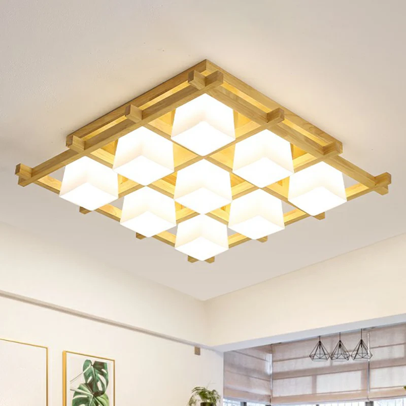 Witte glazen kubus plafondinbouwlamp Moderne stijl semi-inbouwverlichting met houten rooster Clearhalo