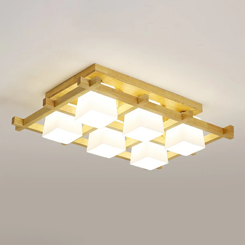 Witte glazen kubus plafondinbouwlamp Moderne stijl semi-inbouwverlichting met houten rooster Clearhalo