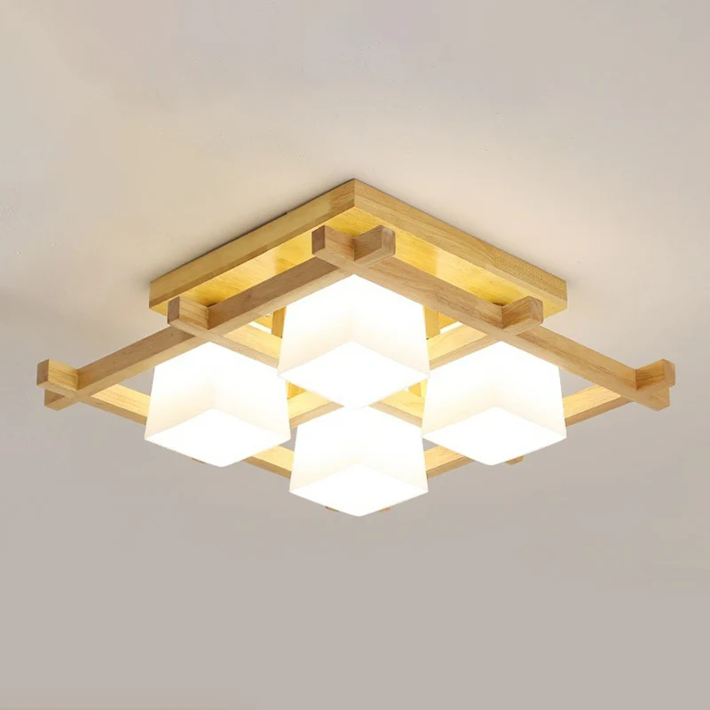 Witte glazen kubus plafondinbouwlamp Moderne stijl semi-inbouwverlichting met houten rooster Clearhalo