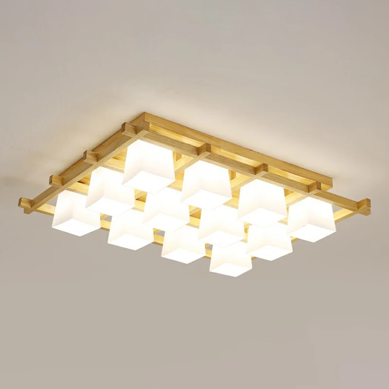 Witte glazen kubus plafondinbouwlamp Moderne stijl semi-inbouwverlichting met houten rooster Clearhalo