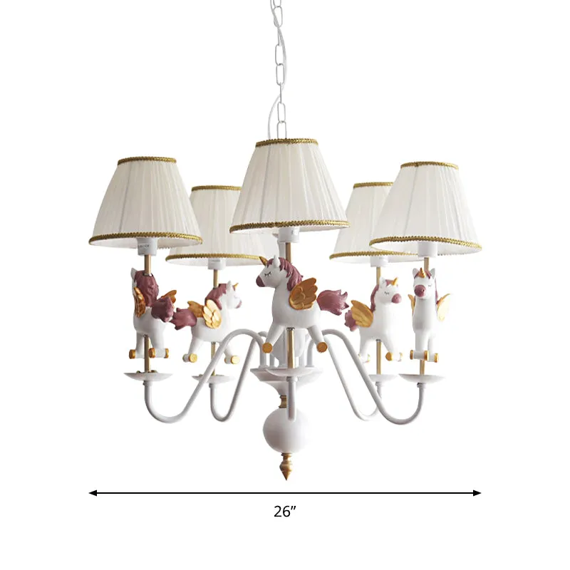 Witte kinderhanglamp Eenhoorn, 5 lampen, metalen kroonluchter met stoffen kap voor meisjesslaapkamer Clearhalo