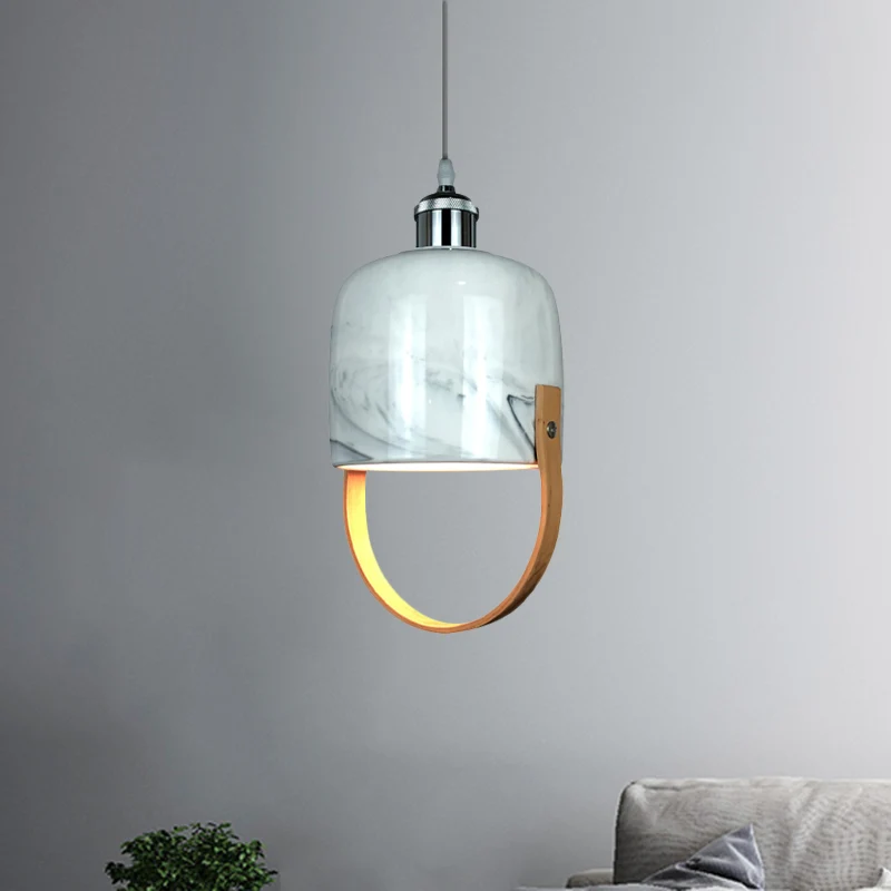 Witte komvormige hangende plafondlamp modernistisch 1-kops keramiek hanglamp met houten handvat Clearhalo