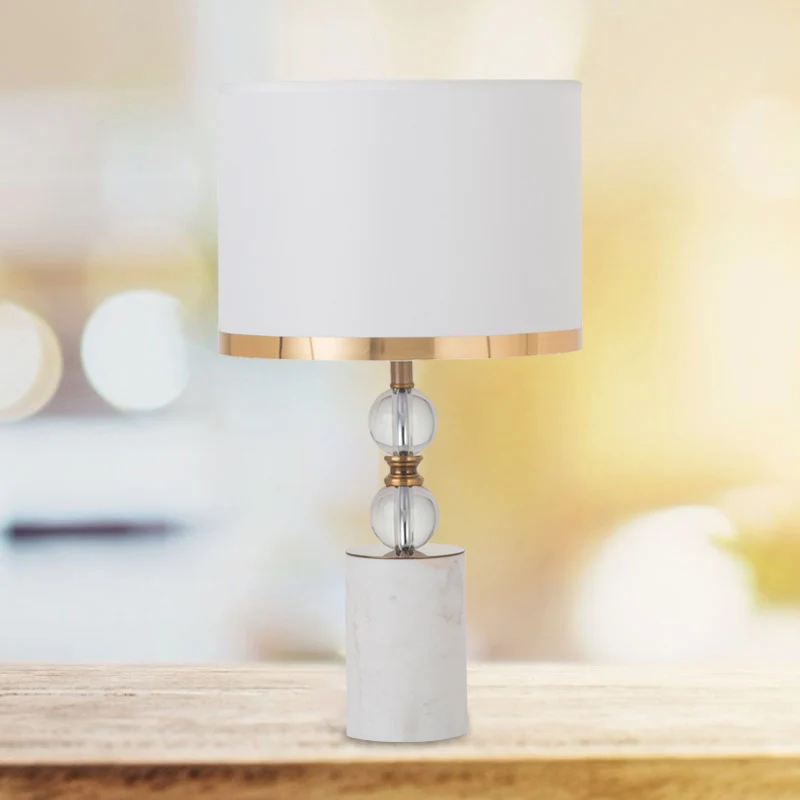Witte kristallen tafellamp met 1 kop, traditionele stoffen cilinderkap, nachtstandlamp met marmeren voet Clearhalo