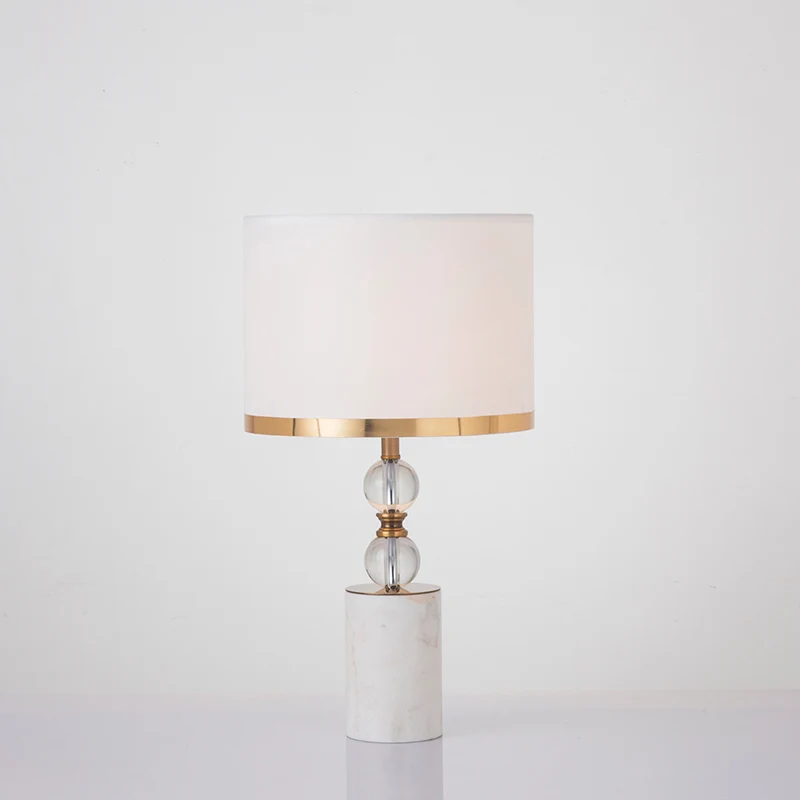Witte kristallen tafellamp met 1 kop, traditionele stoffen cilinderkap, nachtstandlamp met marmeren voet Clearhalo
