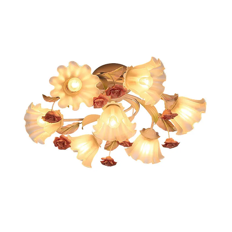 Witte 4/7 lampen plafondinbouw Koreaanse tuin metalen bloem semi-gemonteerde verlichting voor woonkamer Clearhalo