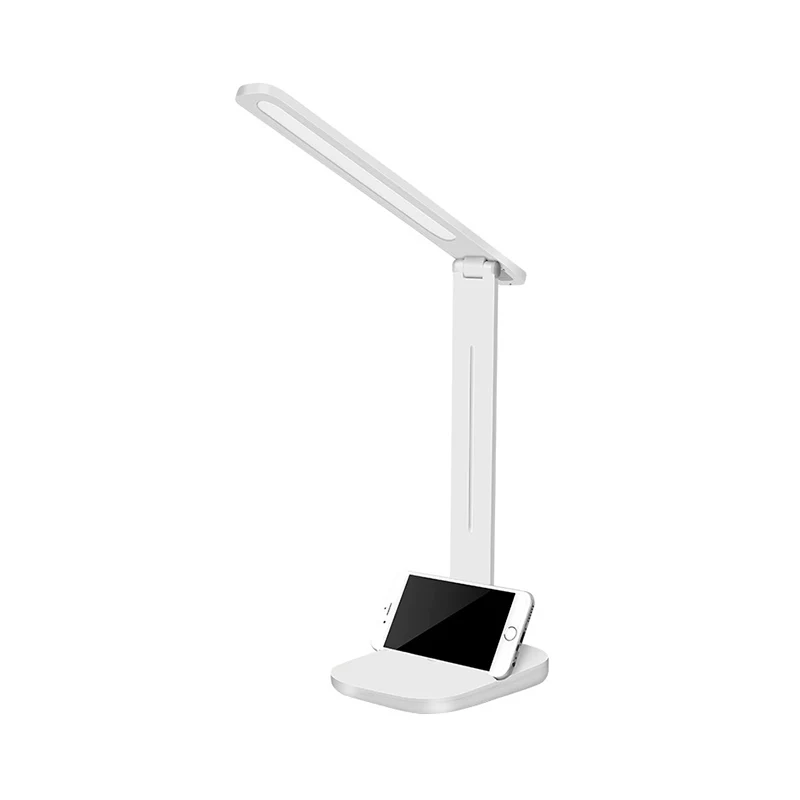 Witte langwerpige kap, verstelbare bureaulamp, moderne stijl kunststof bureaulamp met telefoonhouder Clearhalo