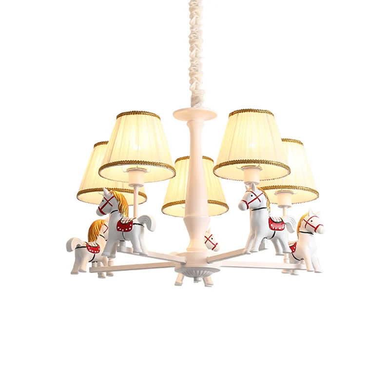 Witte paardenkroonluchterlamp Kinderhars plafondhanglamp met taps toelopende geplooide stoffen kap Clearhalo