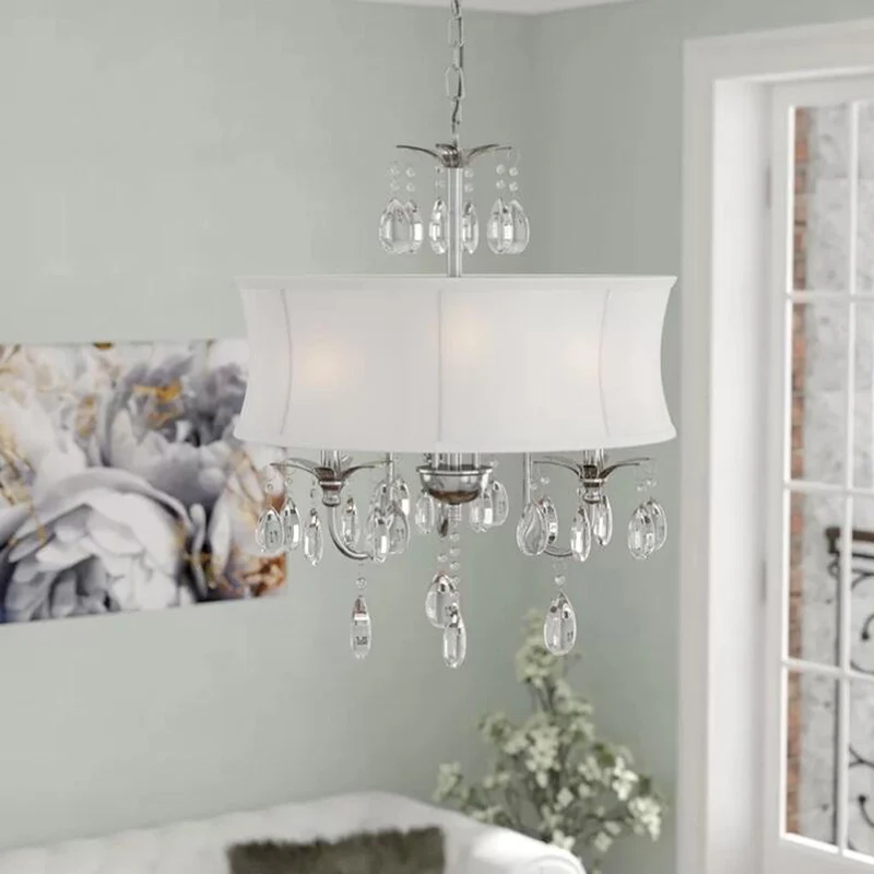 Witte ronde kroonluchter, lichte, eigentijdse stof, 3 hoofden, woonkamer hanglamp met kristallen druppel Clearhalo