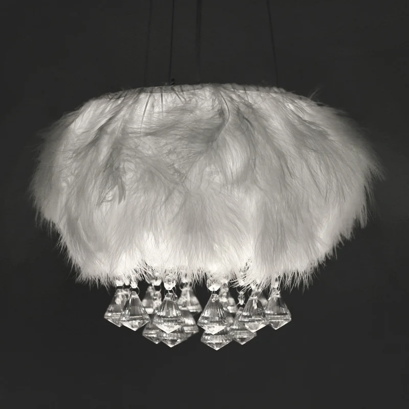 Witte ronde plafondlamp Minimale enkele lichte pluisvormige hanglamp met kristallen druppel Clearhalo