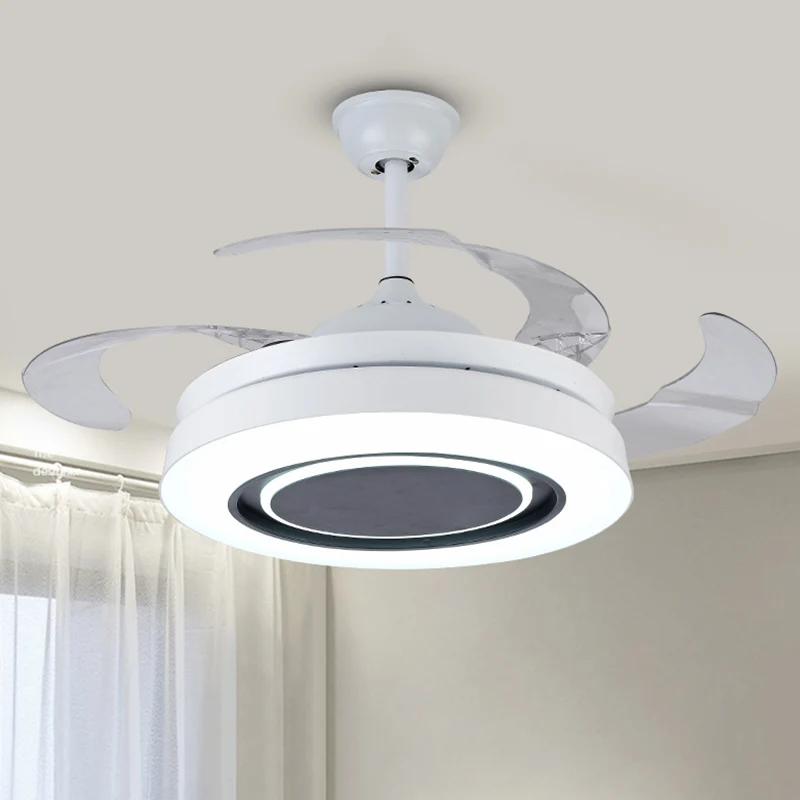Witte ronde semi-inbouw Noordse 19-inch brede LED metalen hangende ventilatorlamp, 4 bladen Clearhalo