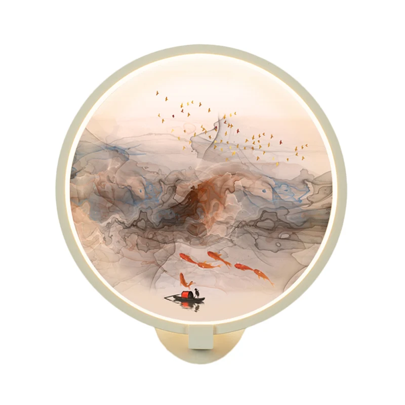 Witte ronde vis- en vogelwandlamp Chinese stijl LED-acrylmuurschilderinglamp voor gang Clearhalo