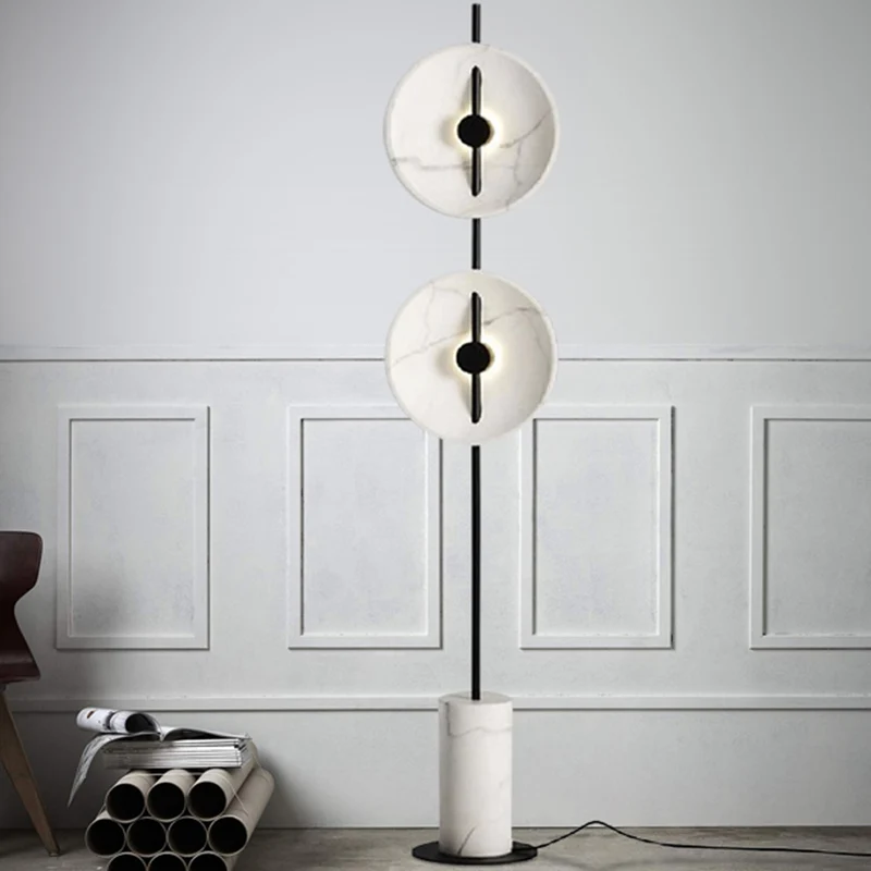 Witte schijf staande lamp Minimalistische marmeren LED-vloerlamp met cilindrische voet Clearhalo