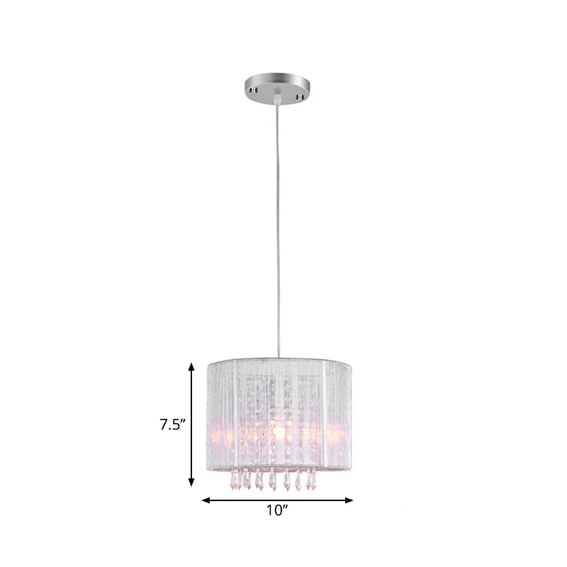 Witte stoffen trommelhanglamp met helder kristallen prisma Moderne 1-lichts hanglamp zilver Clearhalo