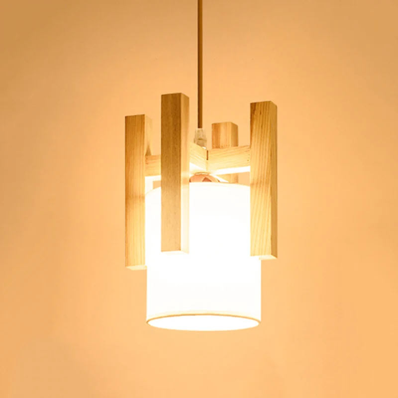 Witte ton kleine hanglamp Japanse hanglamp uit één stof met houten kooibovenkant Clearhalo