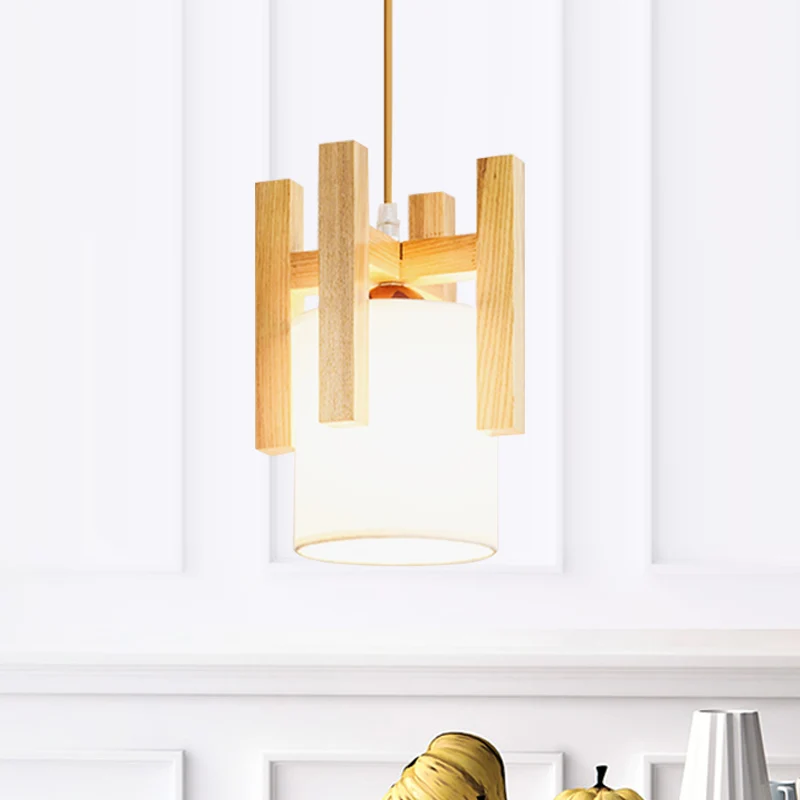 Witte ton kleine hanglamp Japanse hanglamp uit één stof met houten kooibovenkant Clearhalo
