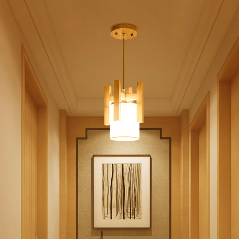 Witte ton kleine hanglamp Japanse hanglamp uit één stof met houten kooibovenkant Clearhalo