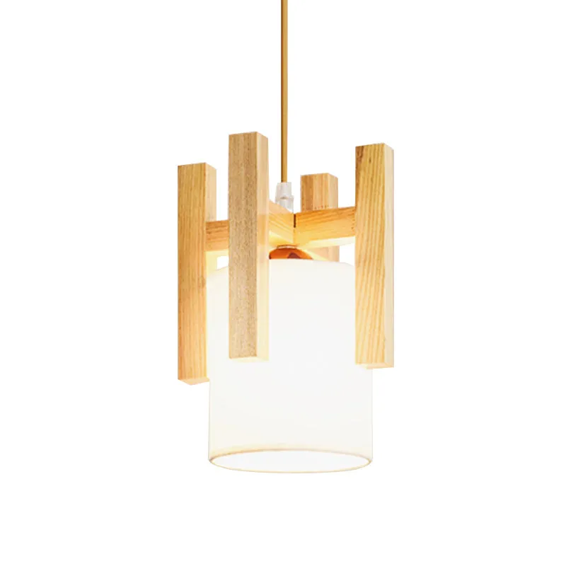 Witte ton kleine hanglamp Japanse hanglamp uit één stof met houten kooibovenkant Clearhalo