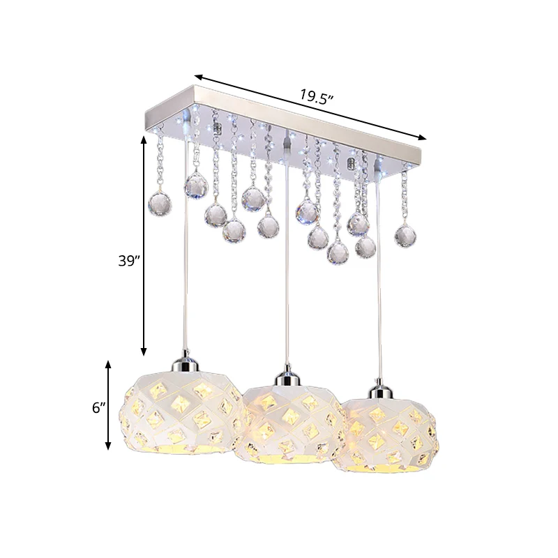 Witte trommelvormige meervoudige hanglamp Eenvoudige metalen plafondhanglamp met 3 lampen en kristallen bolaccent Clearhalo