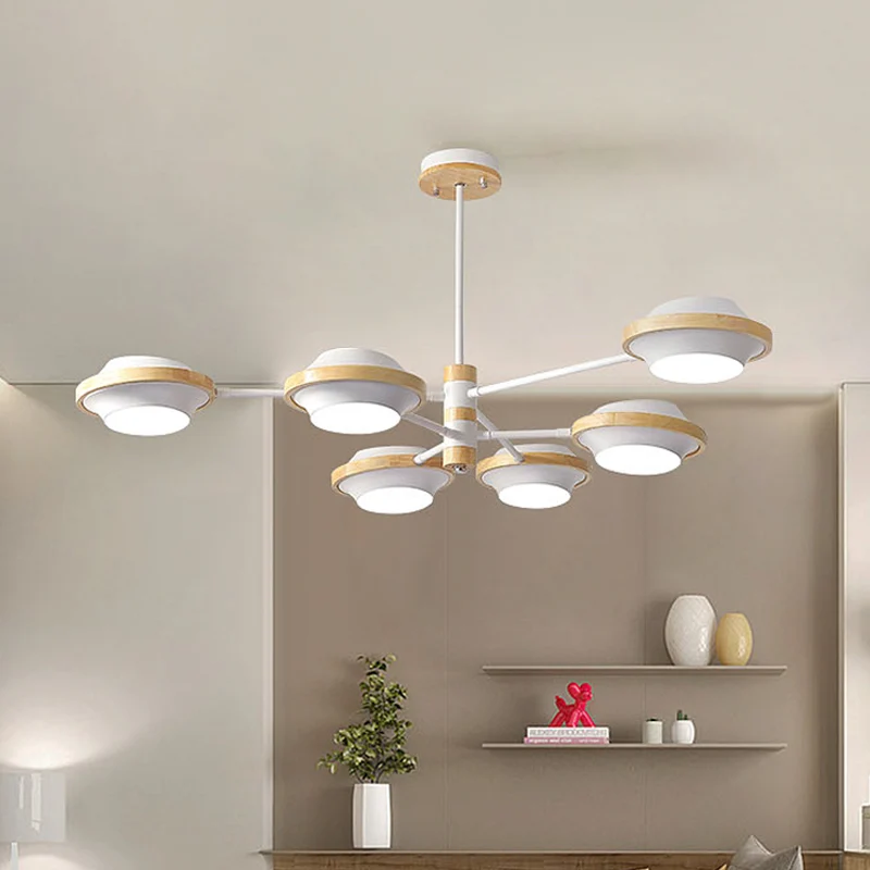 Witte UFO-plafondlamp, minimalistisch, 3/6 lampen, ijzer, semi-inbouw, met rond houten frame Clearhalo