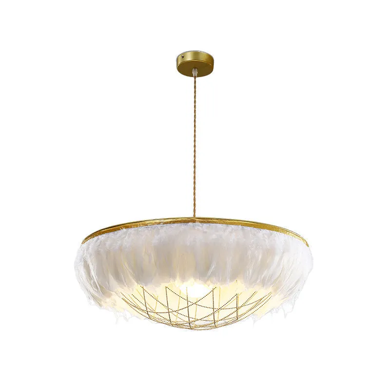 Witte veren kroonluchter licht modernistische 2 hoofden koperen neerwaartse verlichting met komdraadkooi, 16"/19,5"/23,5"...