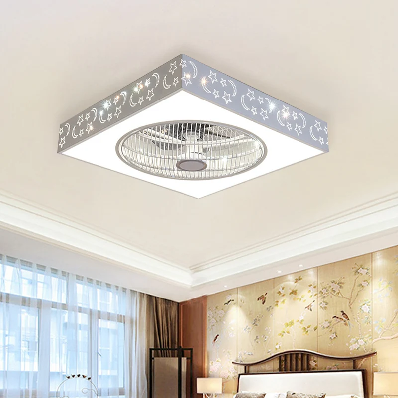Witte vierkante semi-inbouw plafondlamp moderne acryl LED 21,5" W woonkamer hangende ventilatorverlichting met 3 bladen Cl...