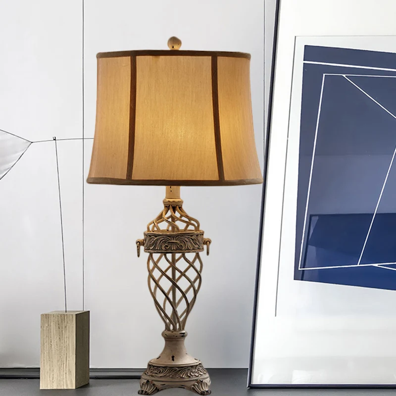 Wit/zwart tafellamp met 1 lamp, vintage hars, open urnbasis, nachttafellamp met stoffen kap Clearhalo